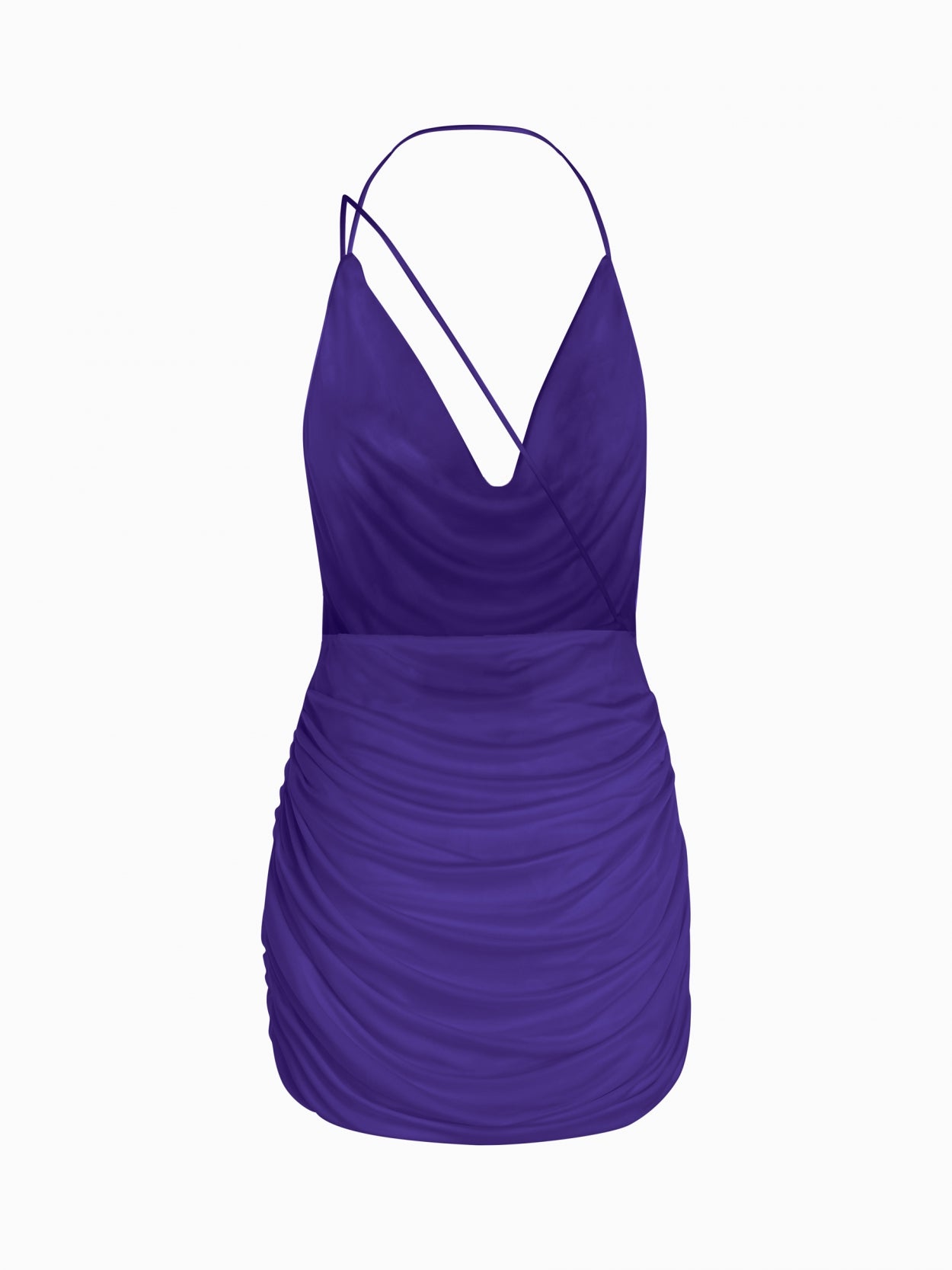 back packshot of a purple halter neck mini dress with  open back