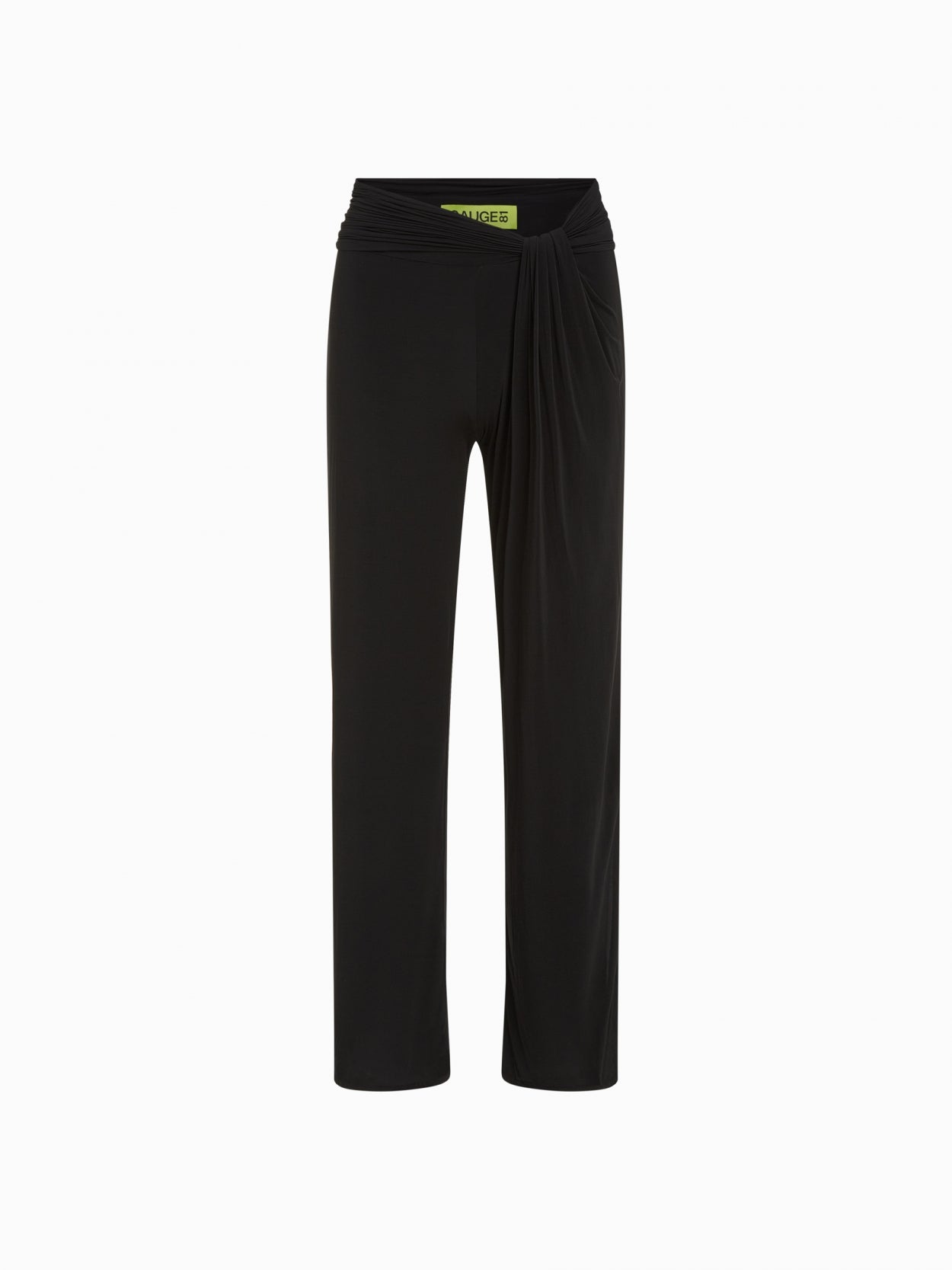front packshot of black draped trousers with twist detaill