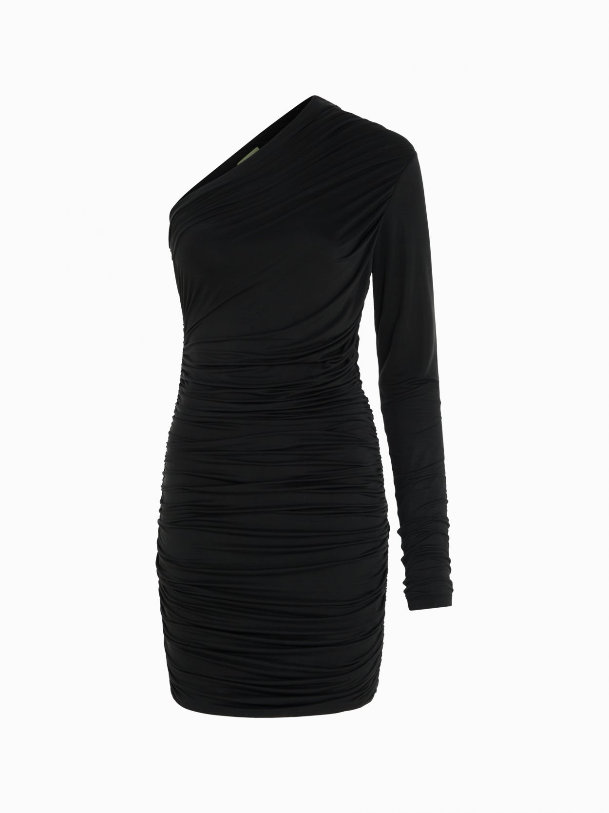 front packshot of a one sleeve black draped dress