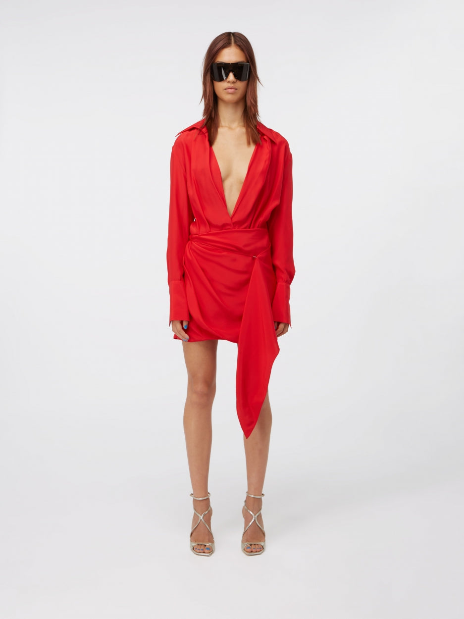 red silk mini dress v cut