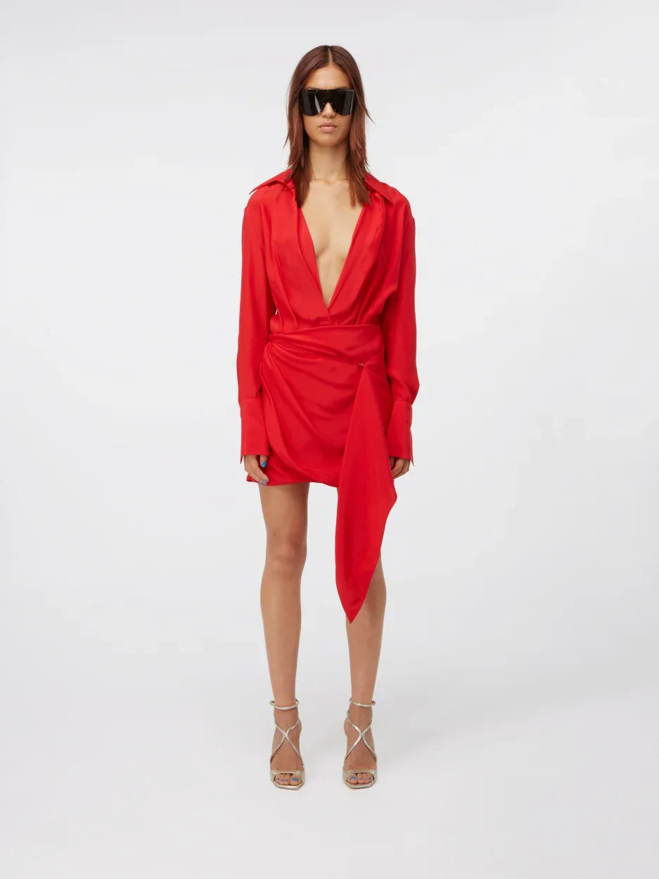 red silk mini dress Gravia Scarlet – Deep V Silk Mini Dress