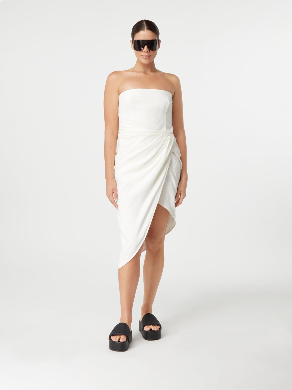 white linen strapless midi dress