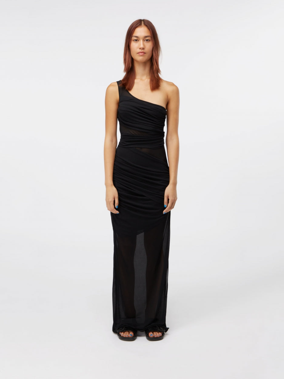 black one shoulder long maxi dress mesh 