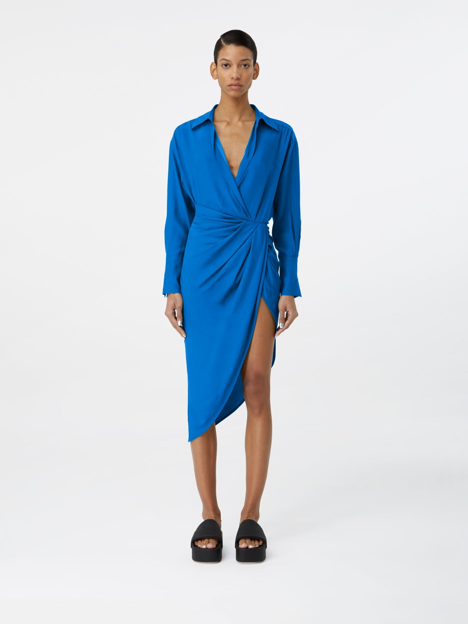 blue silk midi dress with long sleeves