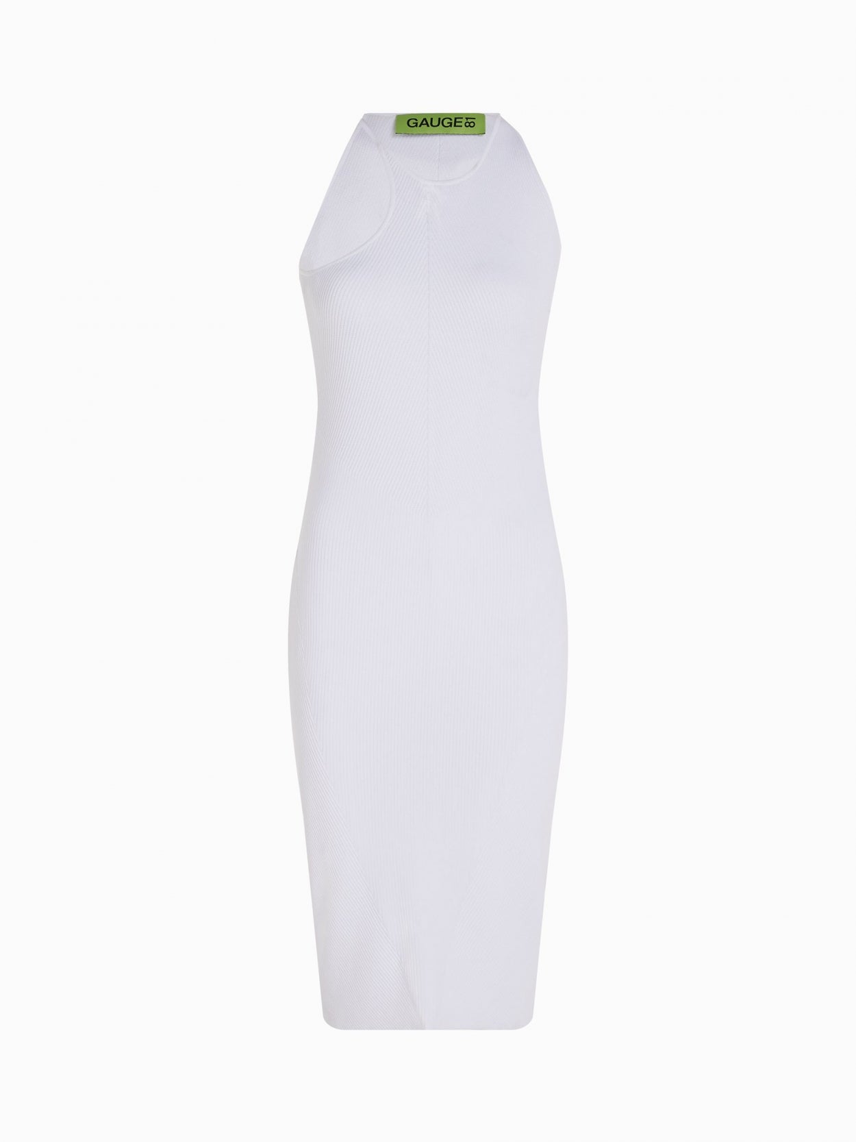 front packshot of an asymmetric white midi dress