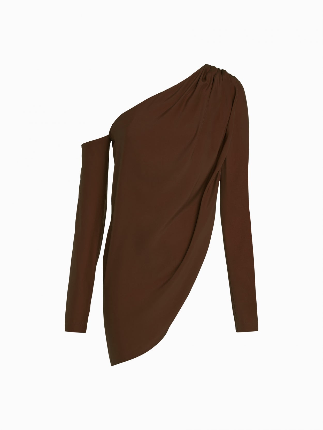 front packshot of a brown asymmetric long sleeve silk top