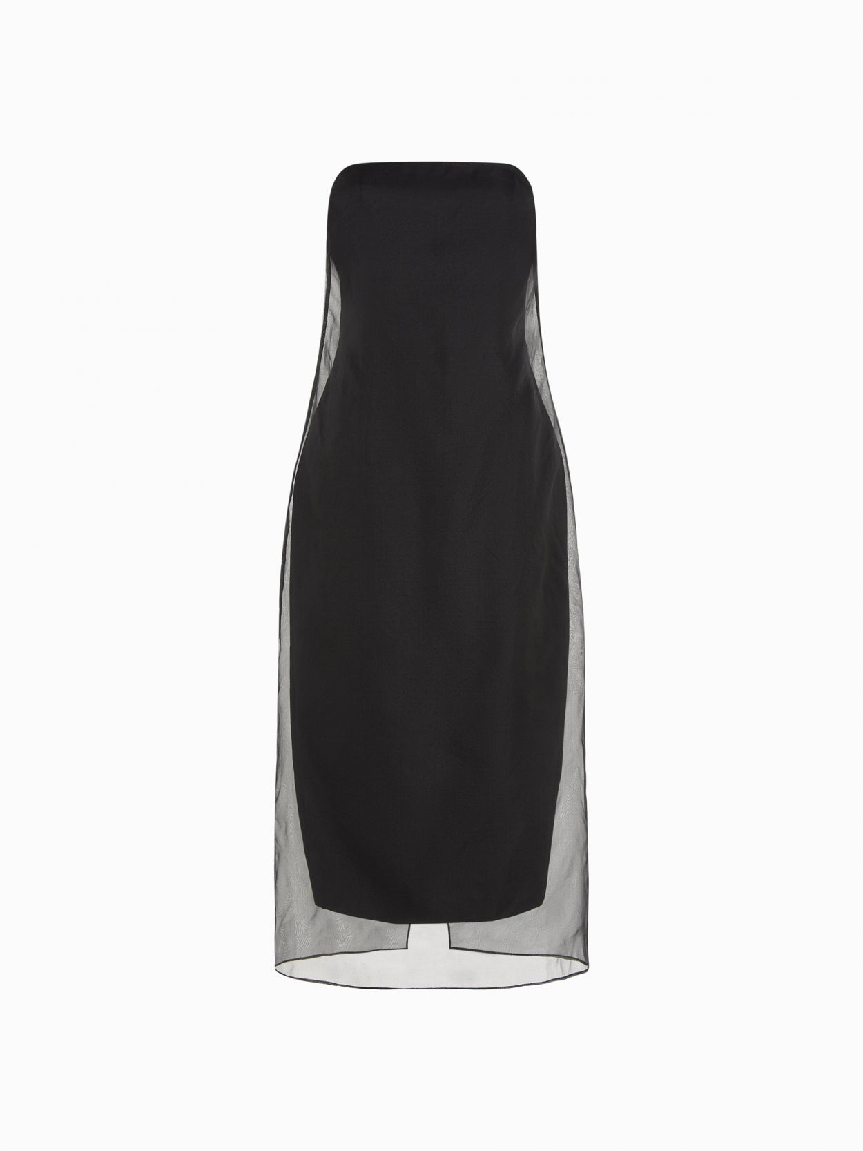 front packshot of a black strapless dress with veil