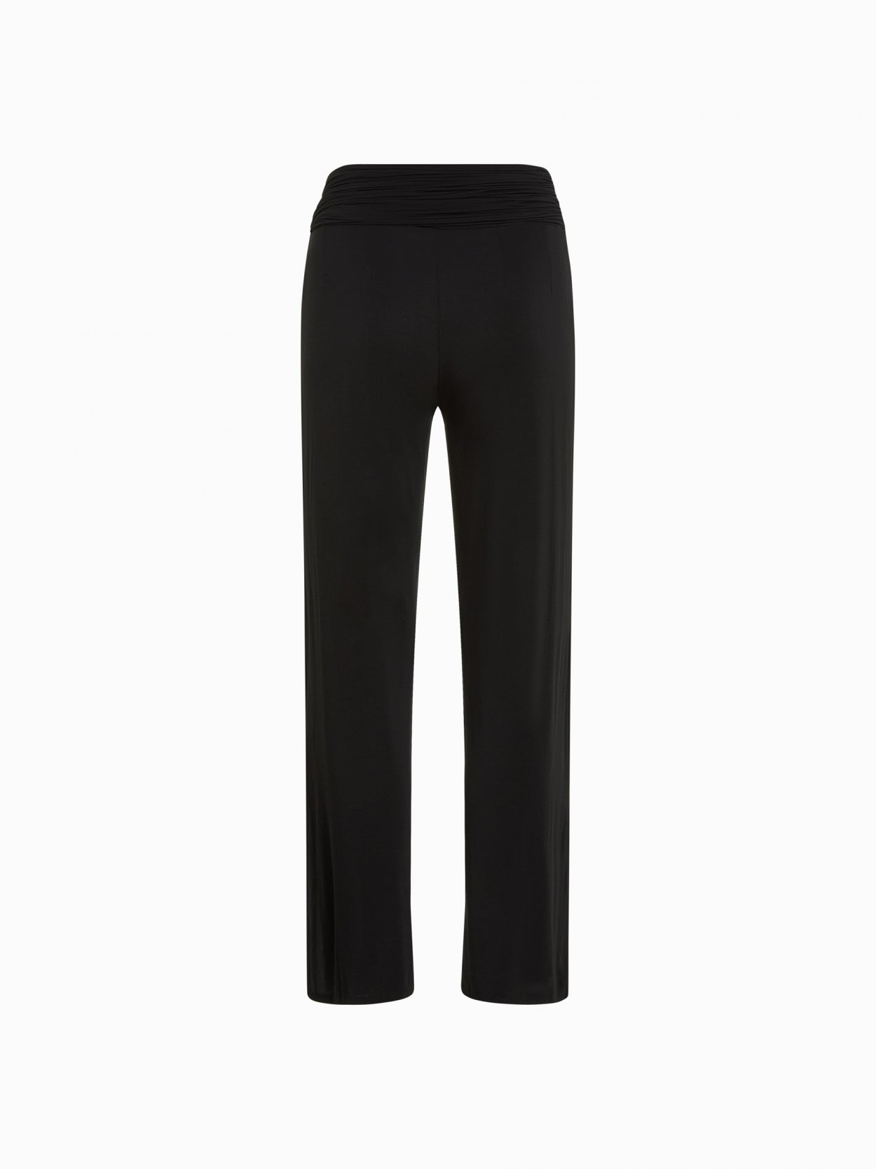 back packshot of black draped trousers with twist detaill