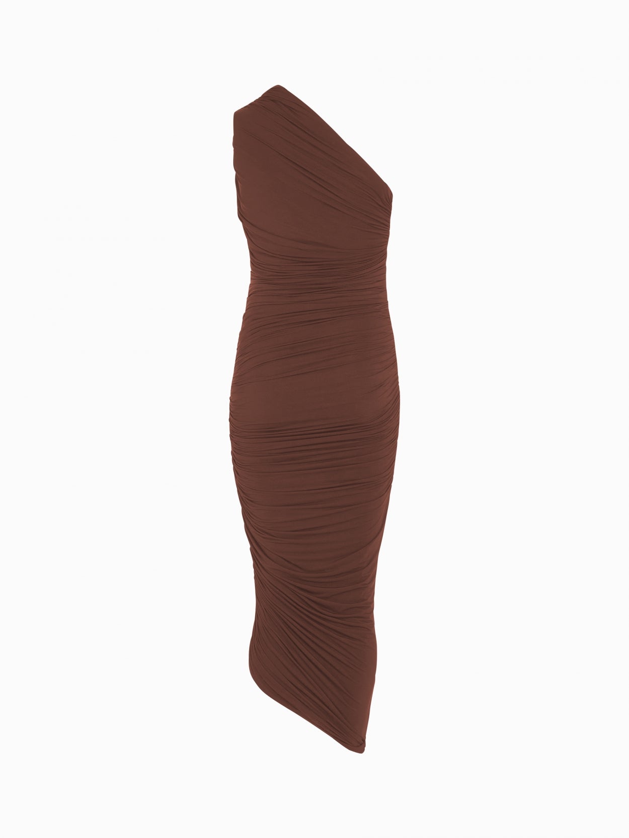 front packshot of a one shoulder draped brown dress