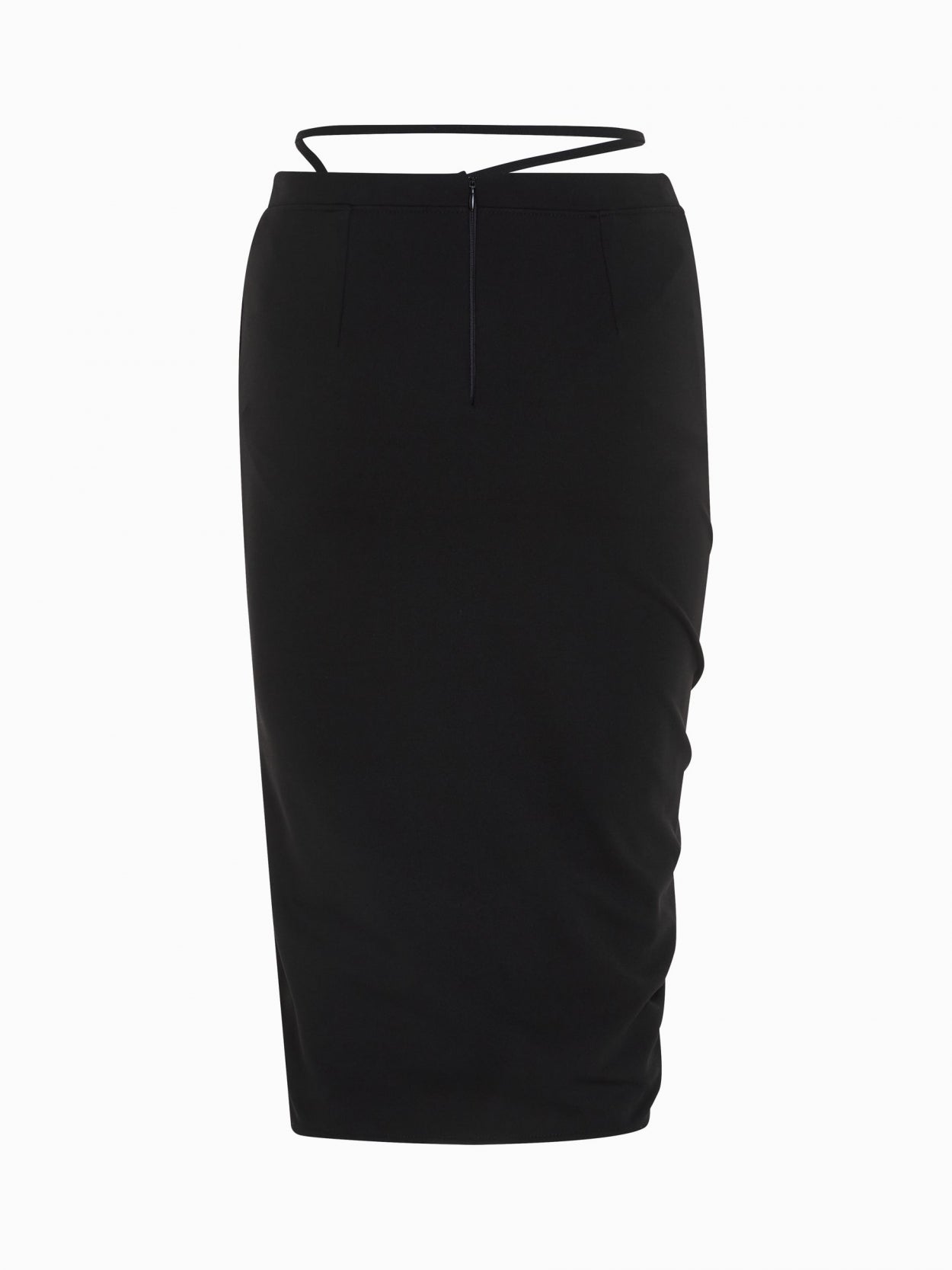 back packshot of a black midi pencil skirt with waist strap