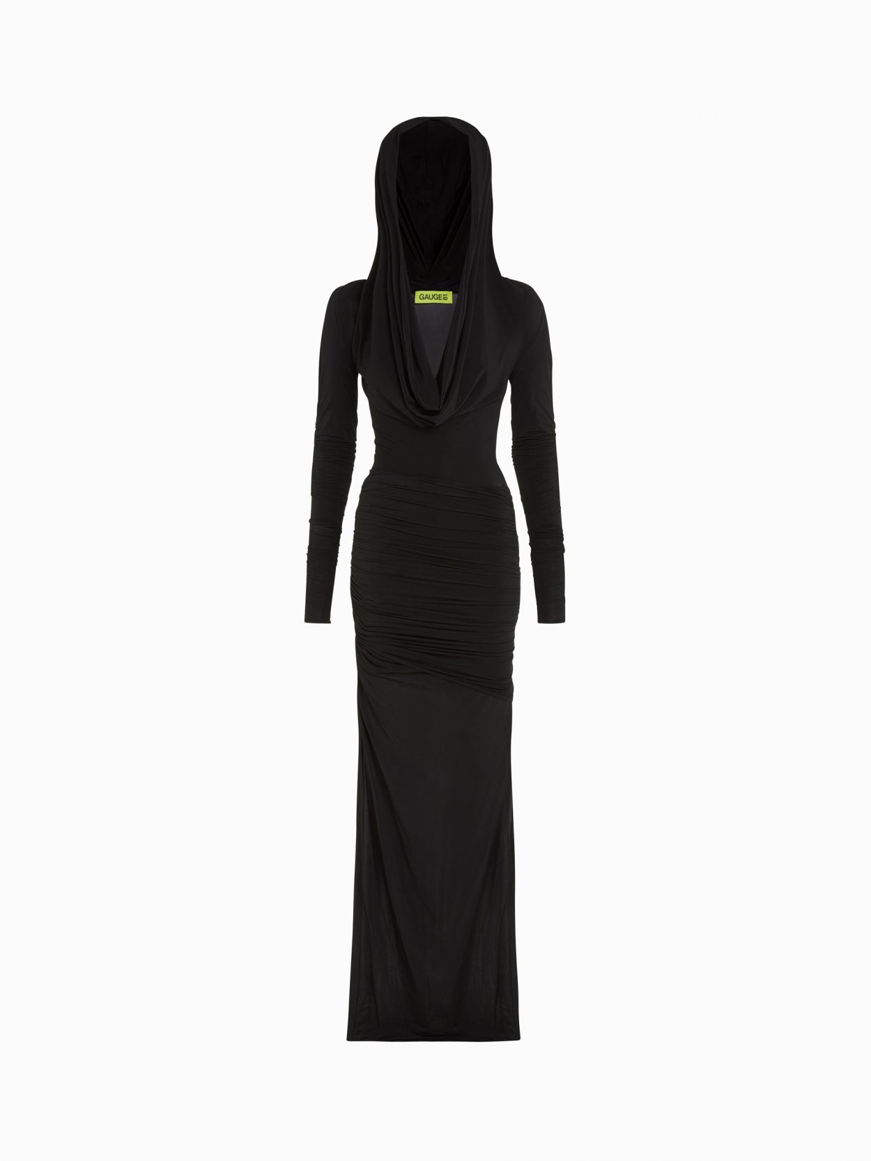 front packshot of a black hooded jersey draped dress 