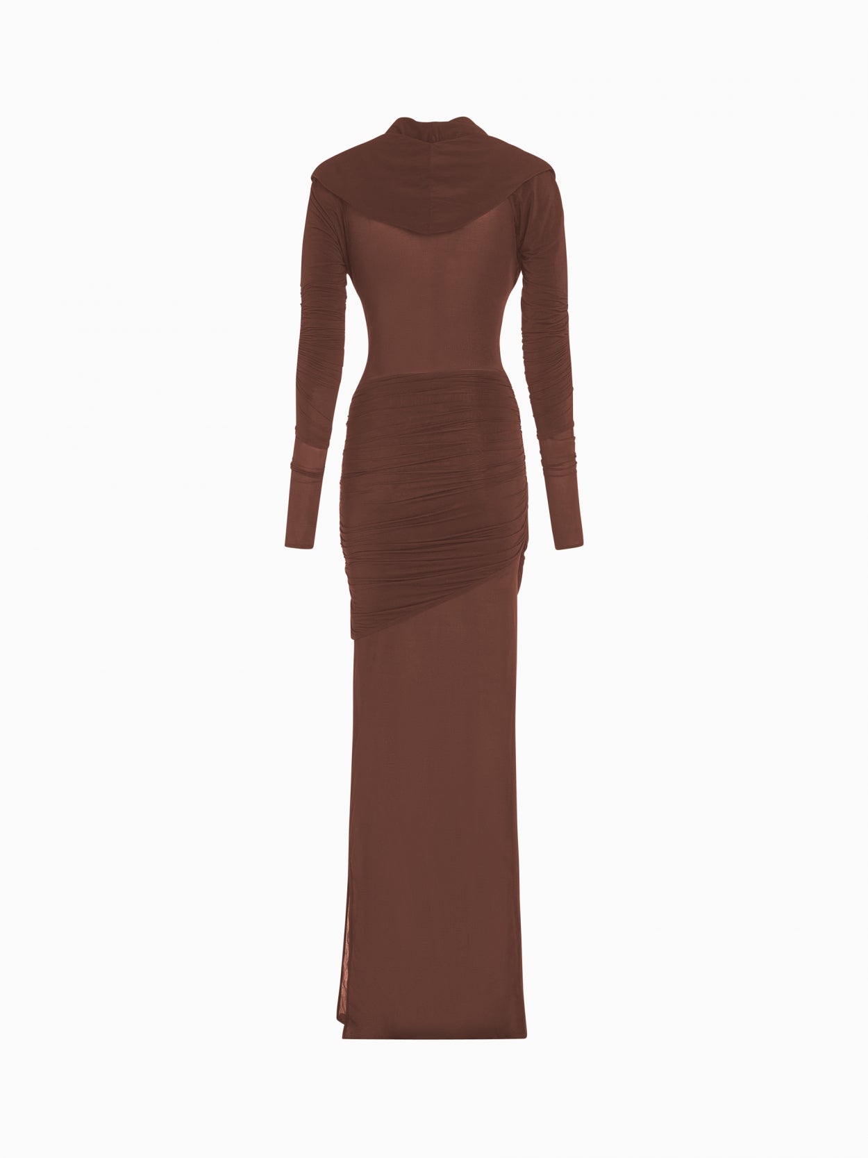 back packshot of a brown hooded jersey draped dress 