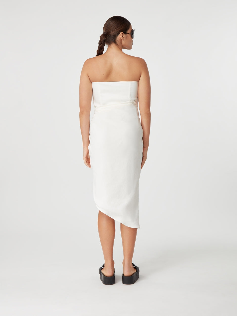 white linen strapless midi dress 