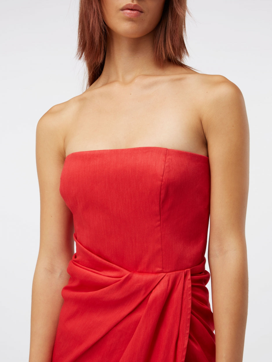 red linen strapless midi dress 