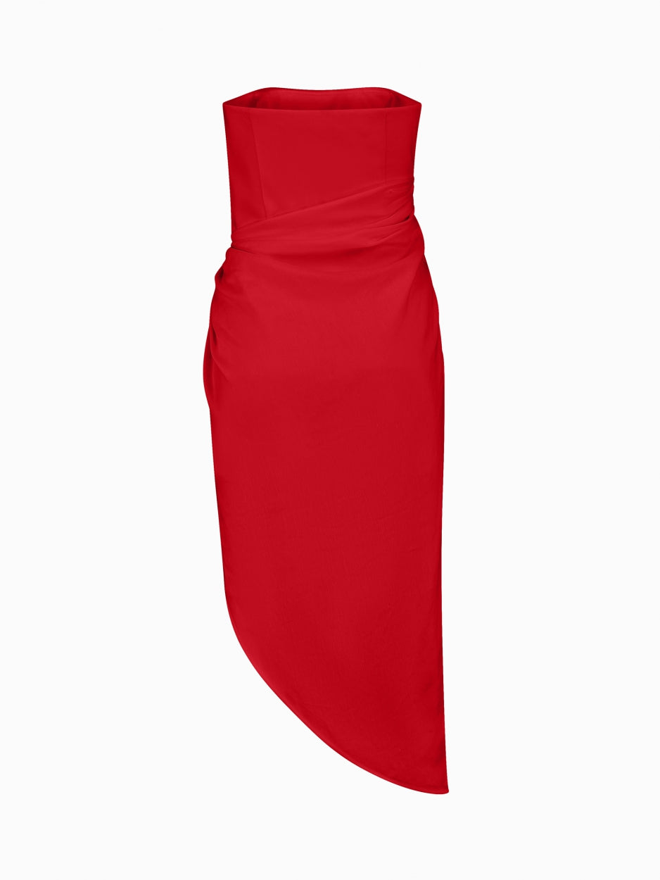 red linen strapless midi dress