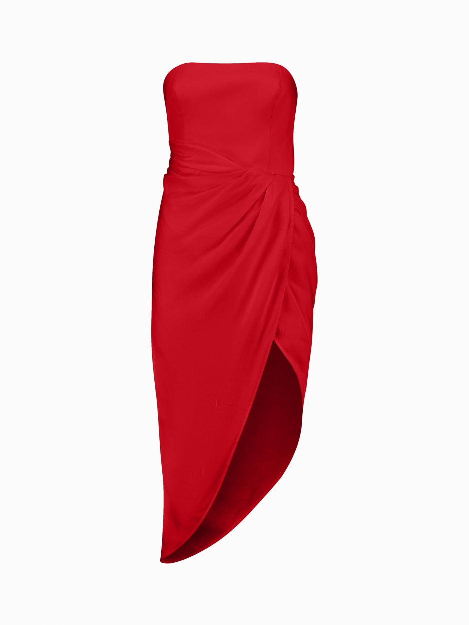 red linen strapless midi dress 