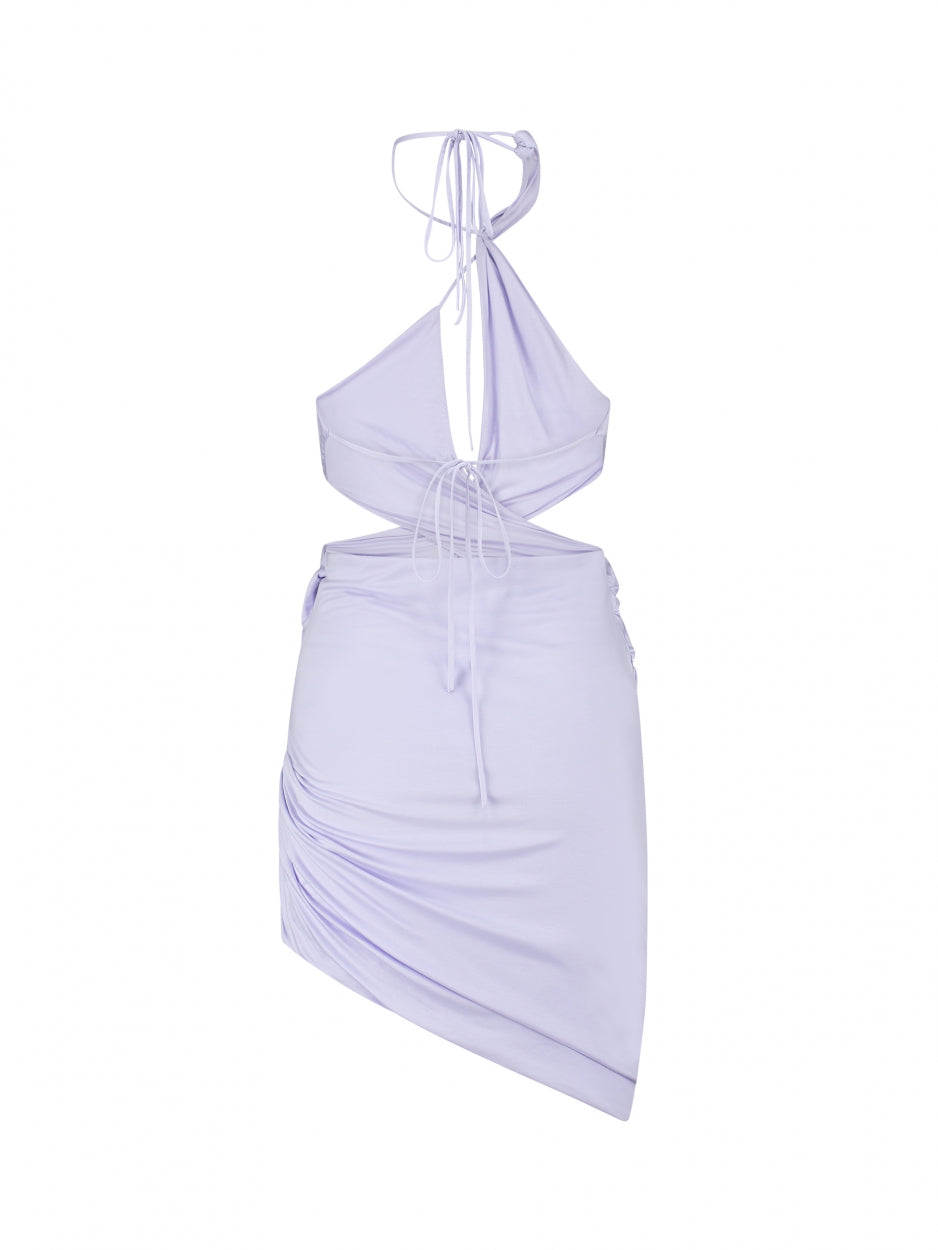 lilac asymmetric mini dress draped with cut outs