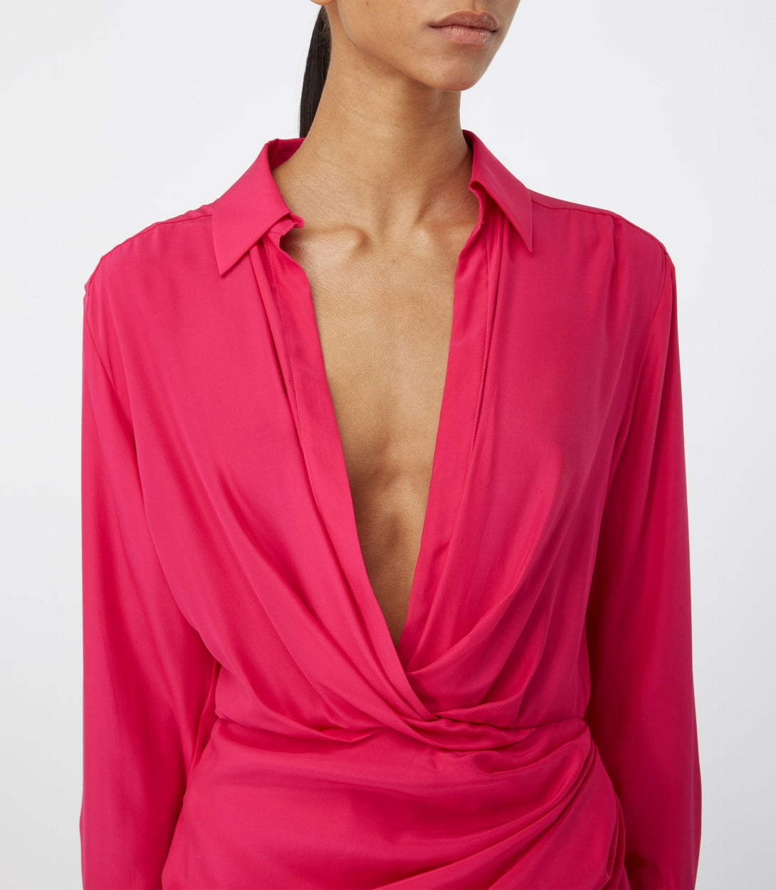 pink silk mini shirt dress long sleeves v neck