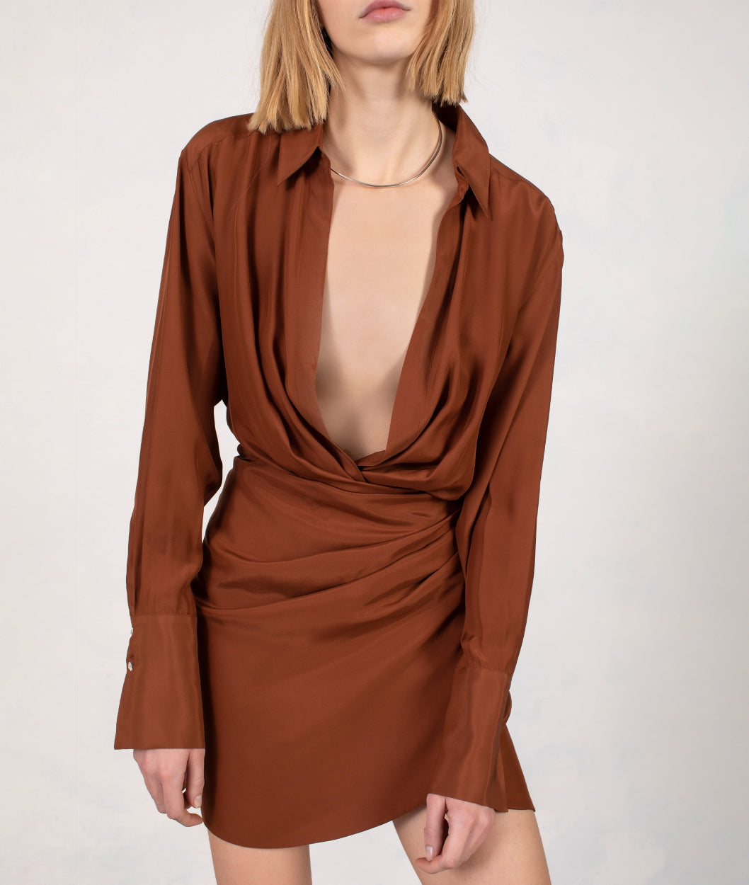 gauge81 naha short dress Naha Chestnut Silk Mini Shirt Dress