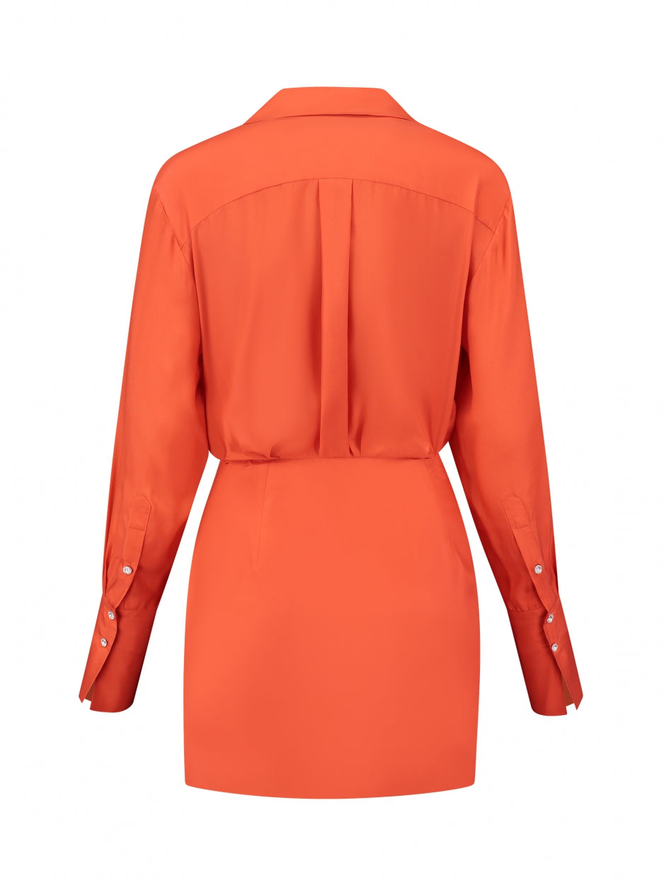 orange silk mini shirt dress long sleeve