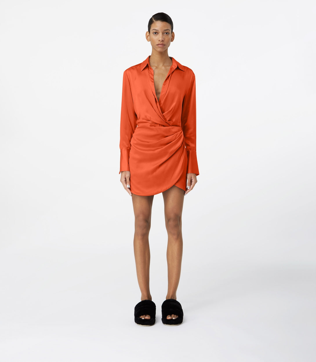 orange silk mini shirt dress long sleeve