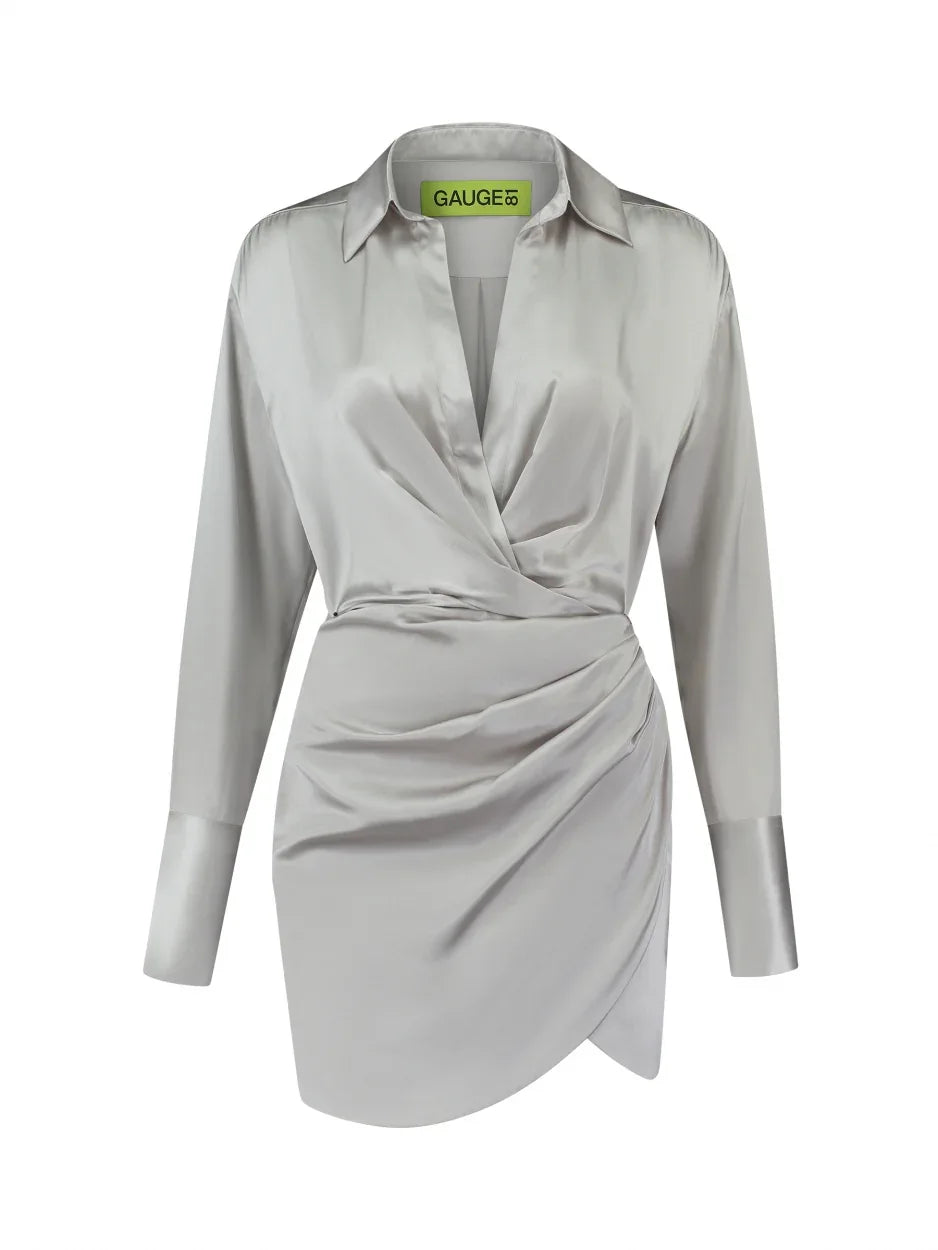 grey silk shirt dress Belted silk-blend satin shirt dress - gray