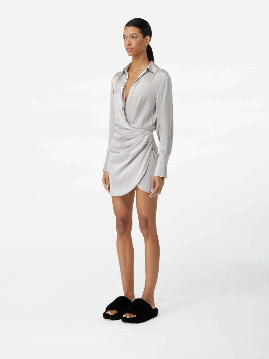 short silver satin dress Silver Satin Short Homecoming Graduation Dress With Half Lace Sleeves - $62.4816 #S1780