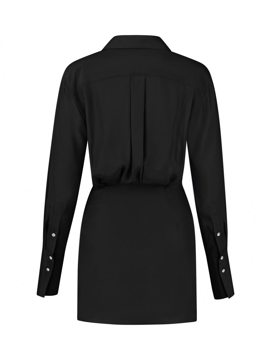 black mini shirt dress with long sleeves v neck