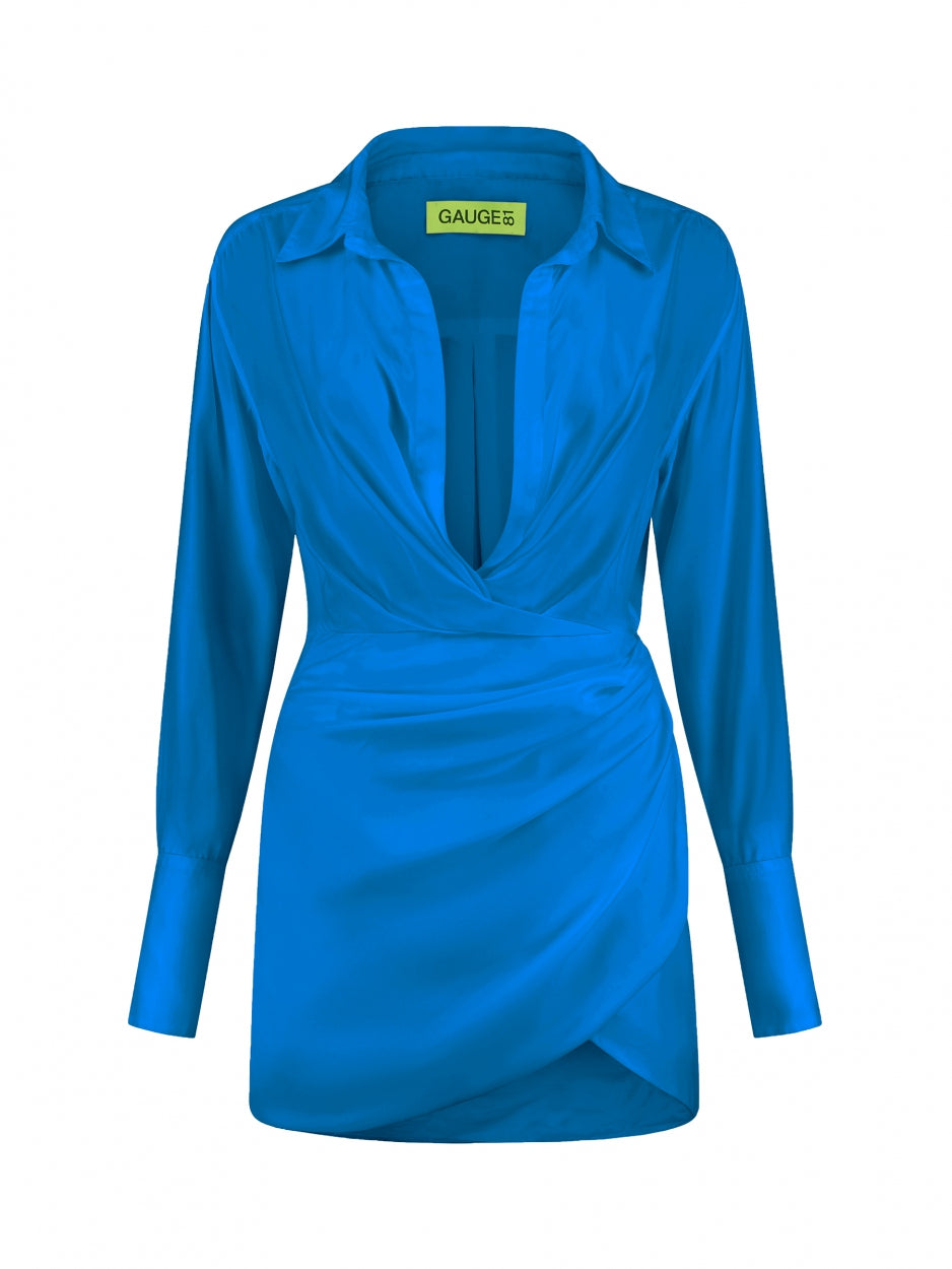 blue mini shirt dress with long sleeves v neck