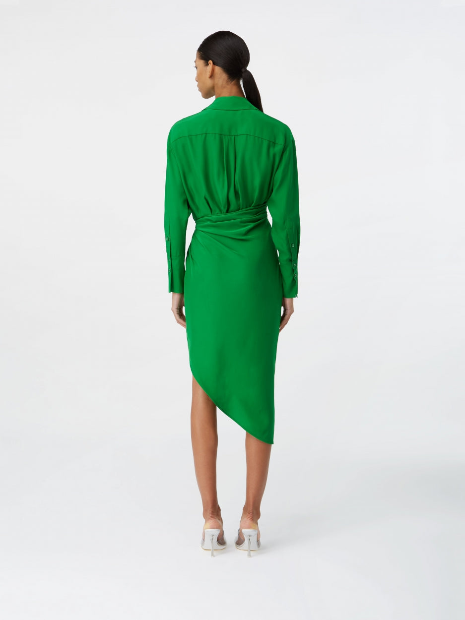 green silk midi dress with long sleeves
