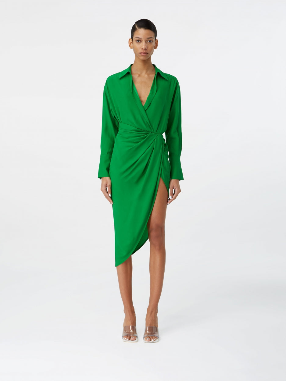 green silk midi dress with long sleeves