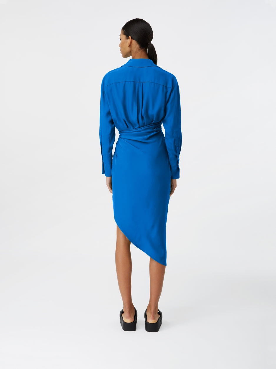 blue silk midi dress with long sleeves