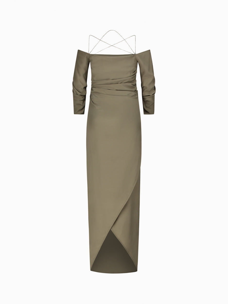 off shoulder long sleeve green maxi long dress