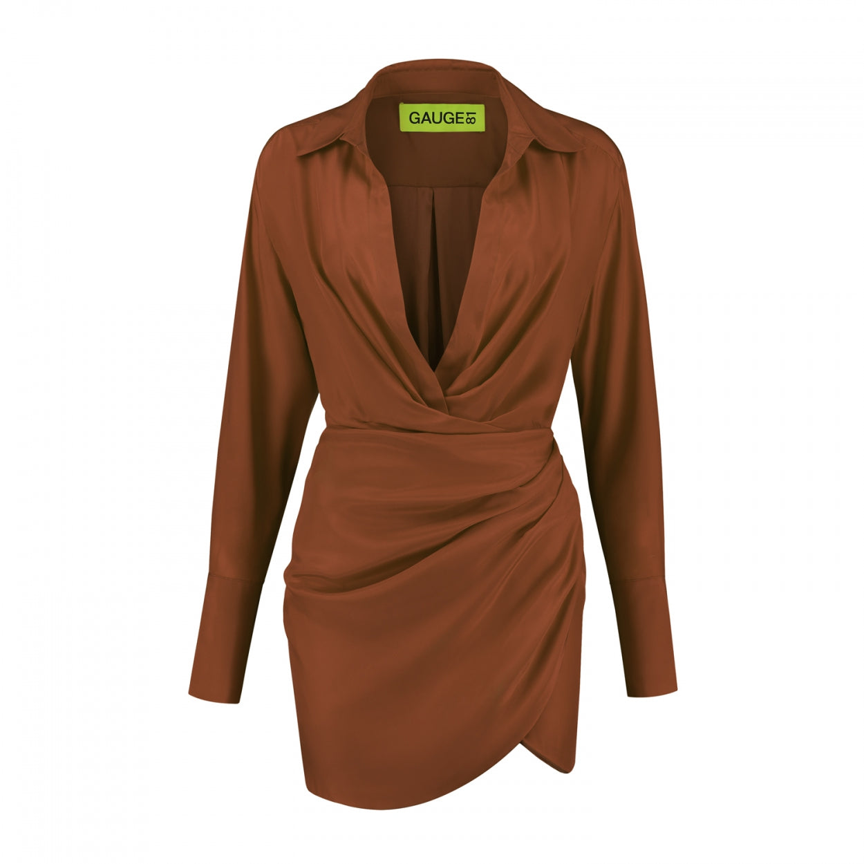 gauge81 naha draped silk mini shirt dress Naha Chestnut Silk Mini Shirt Dress
